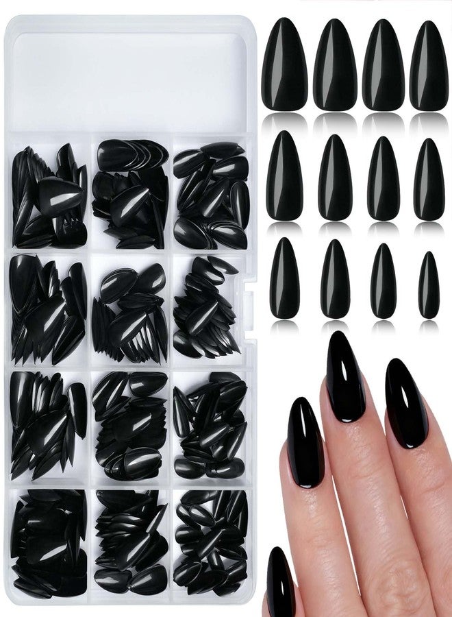 LuckForever 360pc Almond Press on Nails Short Fake Nails Black Glue on Nails XS Short Acrylic Nails Press ons Nail Almond Artificial Fingernails Black False Nails Tips with Nail Glue Adhesive File - Image 1